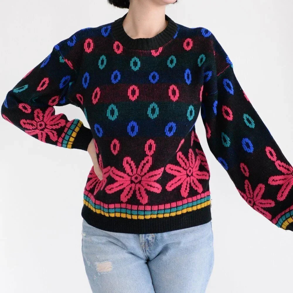 Vintage Colorful Patterned Crew Neck Sweater